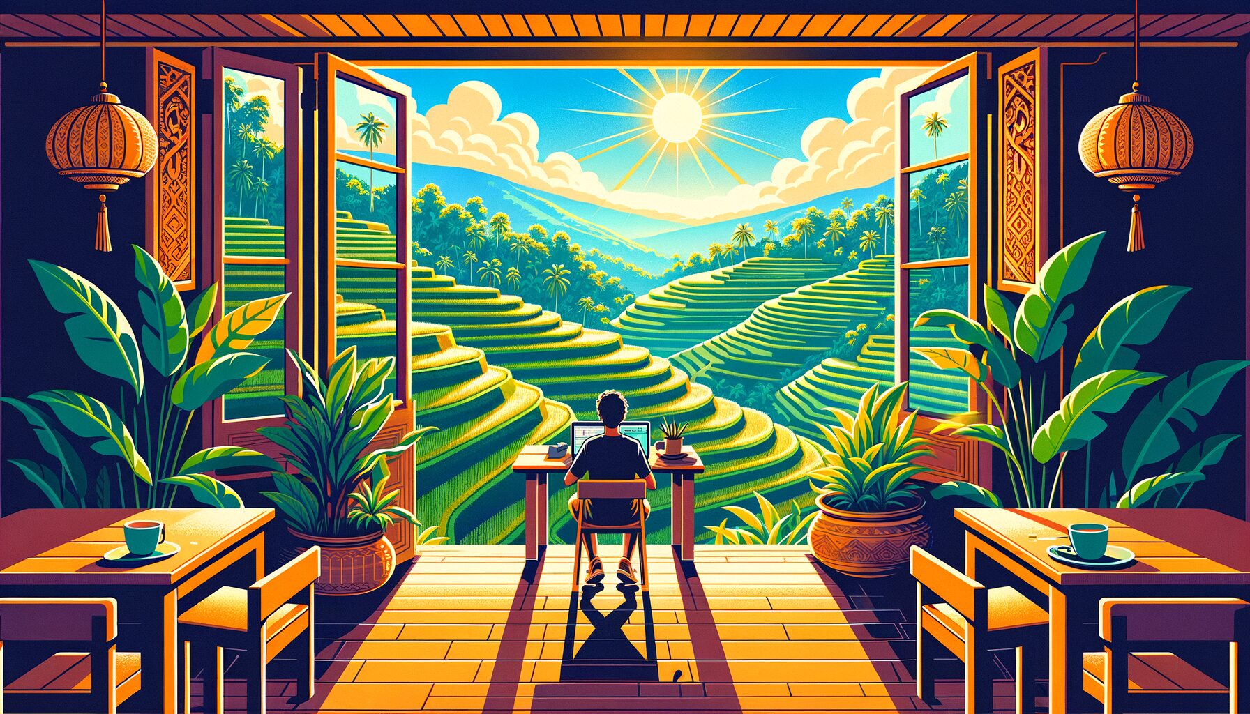 バリ島ウブドのコワーキングスペース、テラス席と棚田の風景