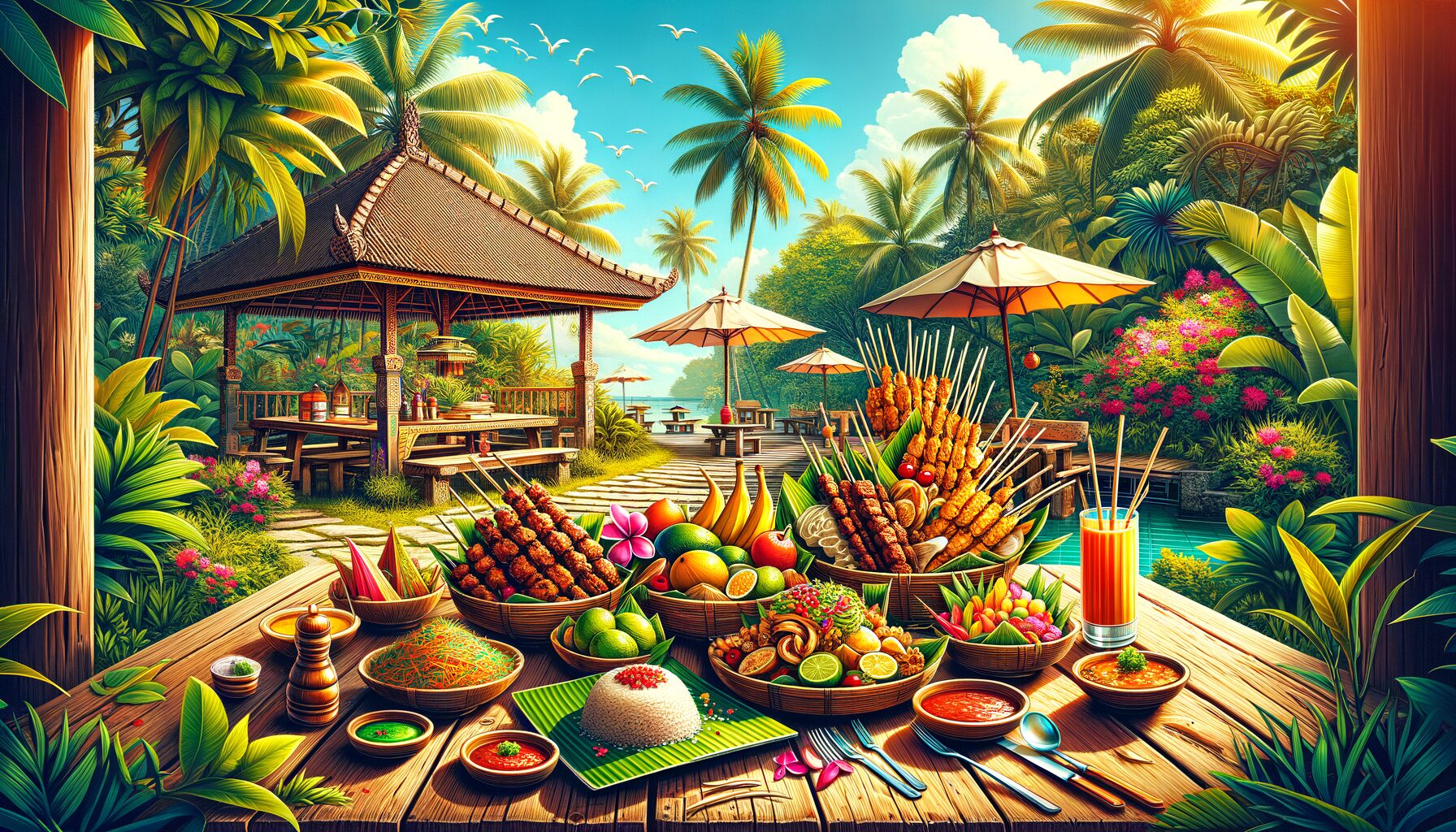 バリ島の伝統料理ナシゴレンとサテのプレート