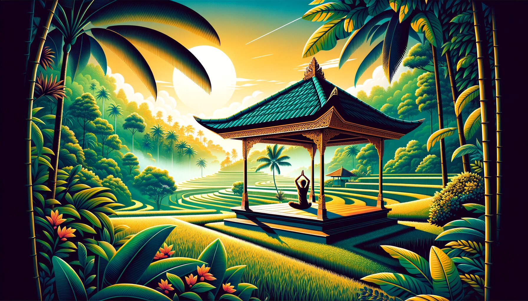 バリ島ウブドのヨガスタジオと緑豊かな棚田の朝