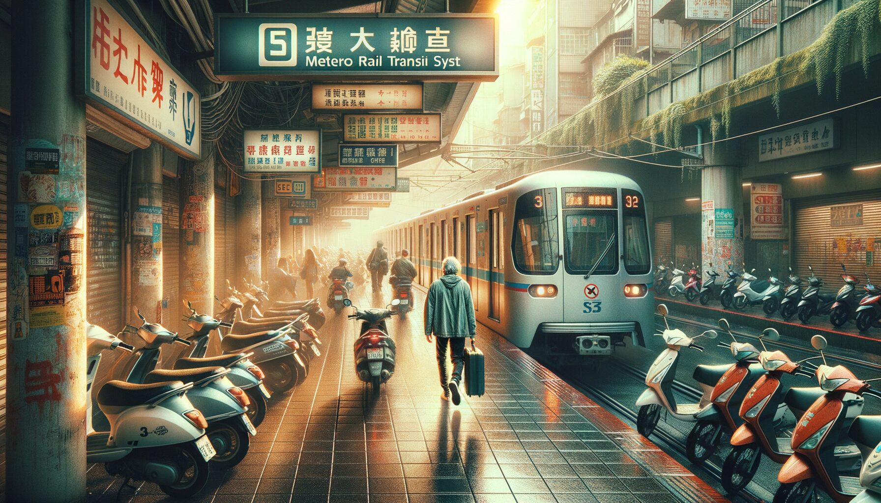 台北市内を歩く週末トラベラーのフォトリアル画像