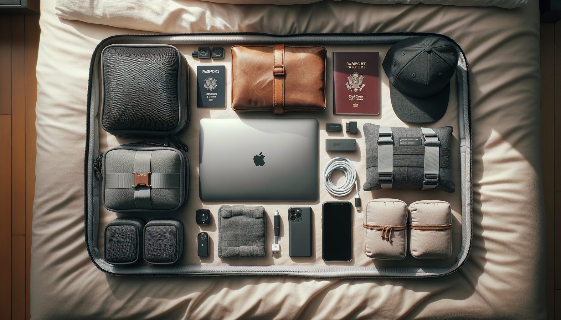 週末海外ワーケーション向けの持ち物セットのフォトリアル画像