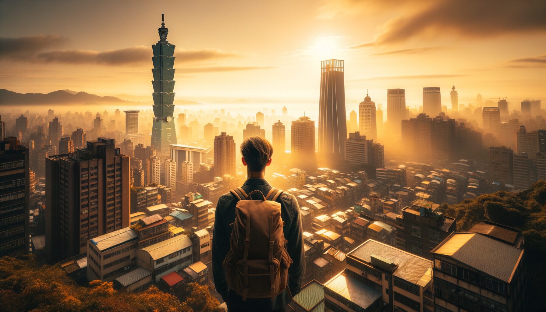 台北の都市景観と週末ワーケーショントラベラーのフォトリアル画像