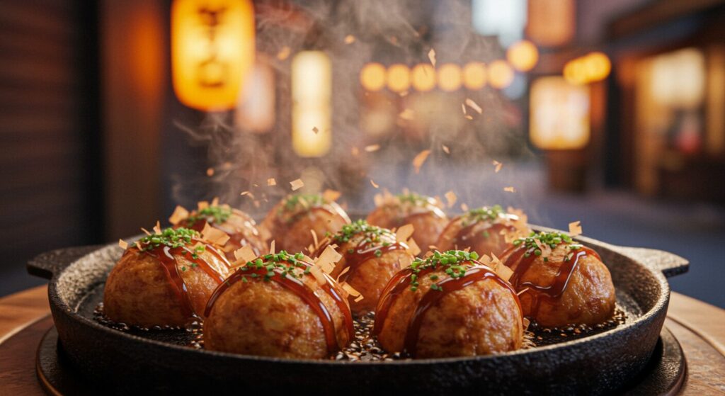大阪たこ焼き 鉄板で焼きたて golden sizzling takoyaki Osaka