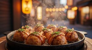 大阪たこ焼き 鉄板で焼きたて golden sizzling takoyaki Osaka