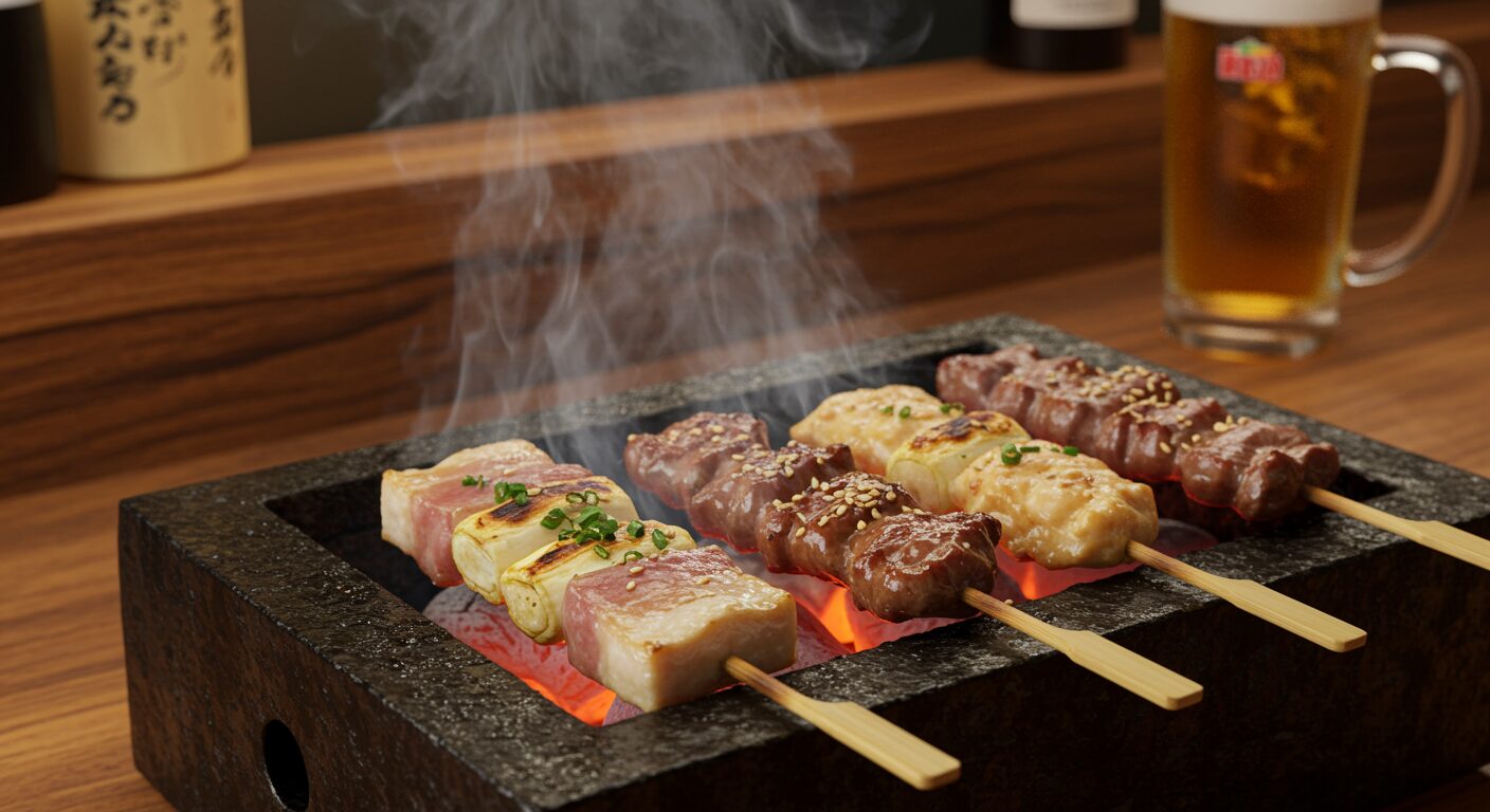 博多の焼き鳥 ― 炭火で焼かれた豚バラ・鶏もも串。ライブ後の打ち上げに最高