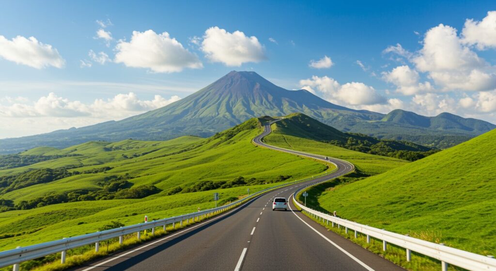 九州やまなみハイウェイを走るレンタカーと阿蘇の絶景