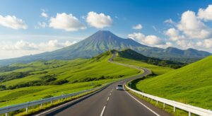九州やまなみハイウェイを走るレンタカーと阿蘇の絶景
